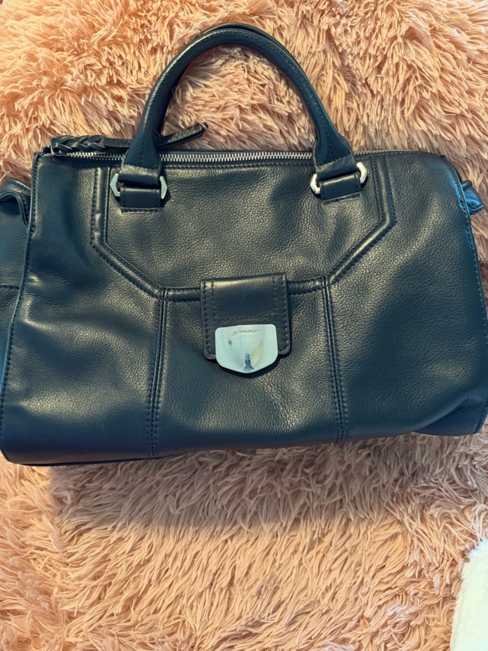 Black Leather Satchel Handbag with Silver Hardware
